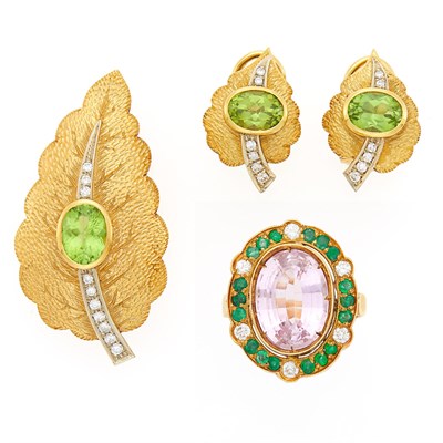 Lot 1100 - Two-Color Gold, Peridot and Diamond Leaf Brooch and Pair of Earclips and Gold, Kunzite, Emerald and Diamond Ring