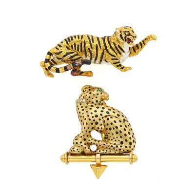 Lot 1151 - Gold and Enamel Tiger Brooch and Low Karat Gold, Enamel, Diamond and Emerald Leopard Brooch