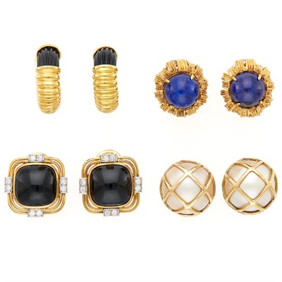 Lot 1158 - Four Pairs of Gold, Black Onyx, Lapis and Mabé Pearl Earclips