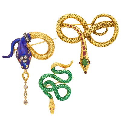 Lot 1150 - Two Gold, Silver, Enamel, Ruby and Diamond Serpent Brooches and Costume Serpent Brooch