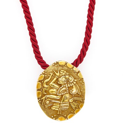 Lot 1189 - Gold Pendant-Brooch with Red Twisted Cord Necklace