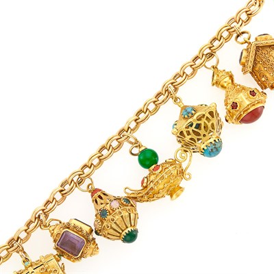 Lot 1073 - Gold and Colored Stone Charm Bracelet