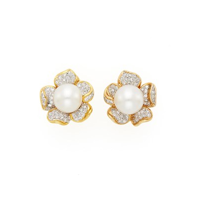 Lot 1209 - Pair of Two-Color Gold, Cultured Pearl and Diamond Flower Earclips