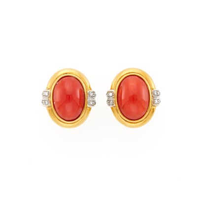 Lot 1079 - Pair of Two-Color Gold, Coral and Diamond Earclips