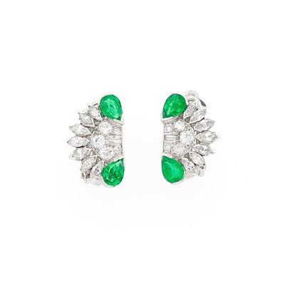 Lot 1041 - Pair of Platinum, Emerald and Diamond Earclips