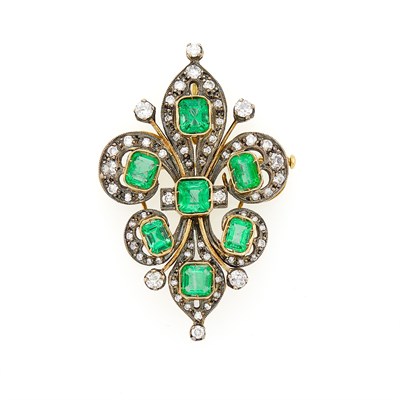 Lot 1074 - Gold, Silver, Emerald and Diamond Pendant-Brooch
