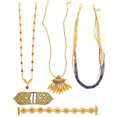 Lot 1097 - Three High Karat Gold, Lapis and Agate Bead Necklaces, Red Glass Bracelet and Metal and Gold Buckle
