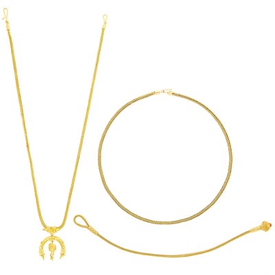 Lot 1062 - High Karat Gold Profile Pendant-Necklace, Gold Chain Necklace and Gold and Coral Bracelet