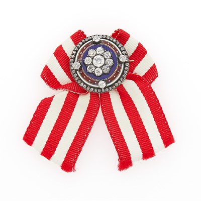Lot 1034 - Gold, Silver, Diamond and Red, White and Blue Enamel Pin with Ribbon
