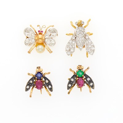 Lot 1195 - Four Two-Color Gold, Low Karat Gold, Silver, Diamond, Cultured Pearl and Colored Stone Insect Pins