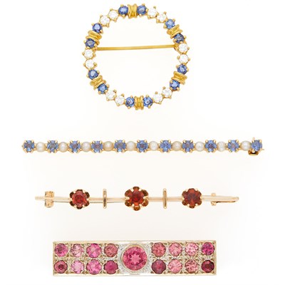 Lot 1193 - Three Gold, Sapphire, Cultured Pearl, Diamond and Pink Tourmaline Pins and Costume Pin