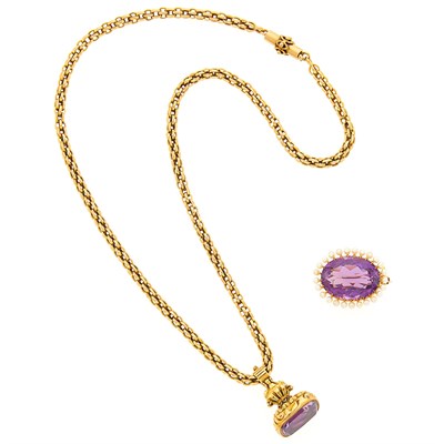 Lot 1078 - Antique Gold and Amethyst Fob with Chain Necklace and Amethyst and Seed Pearl Pin