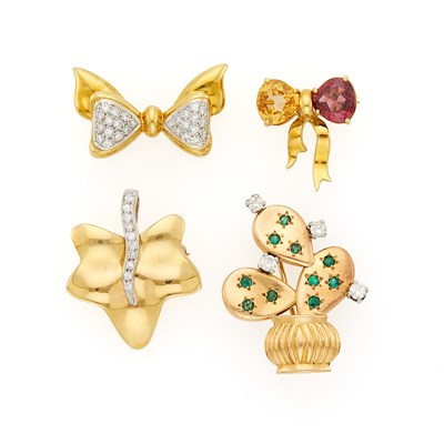 Lot 1211 - Four Gold, Diamond and Colored Stone Pins