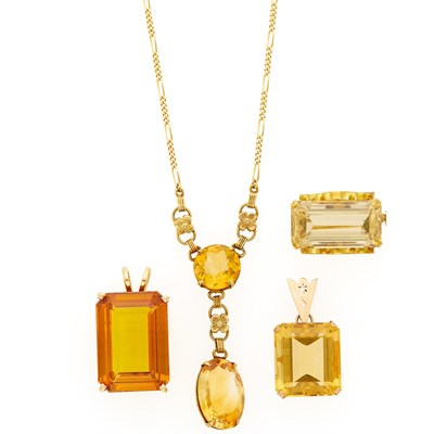 Lot 1143 - Gold and Citrine Pendant-Necklace and Two Yellow and Rose Gold and Citrine Pendants and Pin