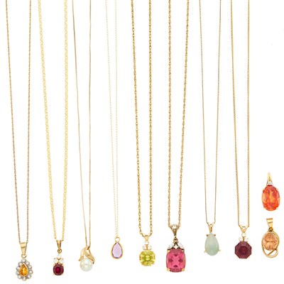 Lot 1119 - Group of Gold, Gold-Filled, Colored Stone, Diamond and Simulated Stone Pendants with Chain Neklaces