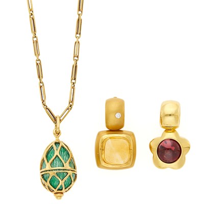 Lot 1176 - Gold and Teal Enamel Egg Pendant with Chain Necklace and Two Colored Stone Pendants