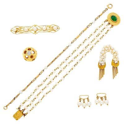 Lot 1064 - Group of Gold, Gilt-Metal, Cultured Pearl and Cabochon Emerald Jewelry