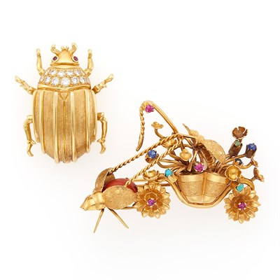 Lot 1131 - Gold and Colored Stone Ladybug and Flower Basket Brooch and Diamond and Ruby Beetle Brooch