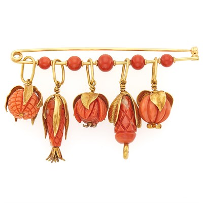 Lot 1085 - Gold and Carved Coral Fruit Charm Bar Brooch