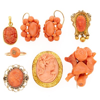 Lot 1088 - Group of Gold and Coral Jewelry