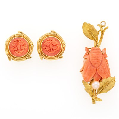 Lot 1067 - Pair of Gold and Carved Coral Earclips and Coral, Freshwater Pearl and Diamond Insect Brooch