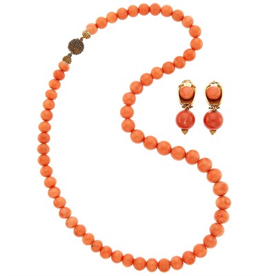 Lot 1087 - Coral Bead Necklace with Silver Clasp and Pair of Gold and Coral Pendant Earclips