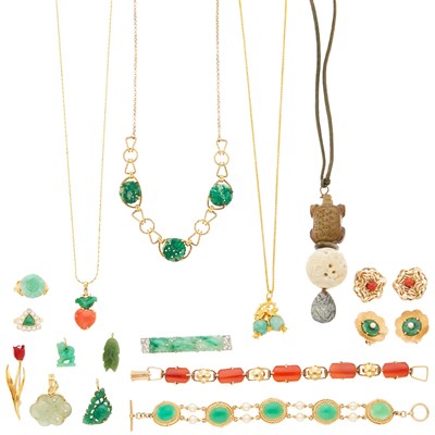 Lot 1175 - Group of Gold, Platinum, Gold-Filled, Jade, Coral, Hardstone and Diamond Jewelry