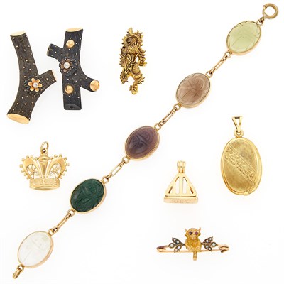 Lot 1099 - Group of Gold, Silver-Gilt, Silver, Gold-Filled, Hardstone and Ebony Jewelry