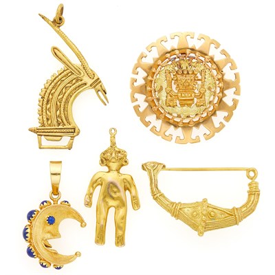 Lot 1155 - Two Gold Brooches and Two Pendants and Costume Pendant