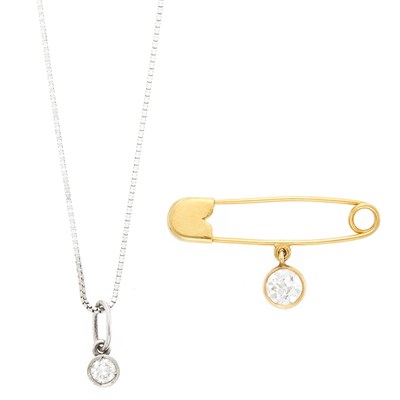 Lot 1201 - Gold and Diamond Safety Pin and White Gold and Diamond Pendant with Chain Necklace