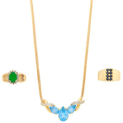 Lot 1196 - Gold and Sapphire Ring and Blue Topaz and Diamond Necklace and Low Karat Gold and Simulated Stone Ring