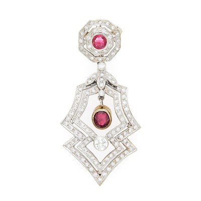 Lot 1033 - White Gold, Ruby and Diamond Pendant-Brooch