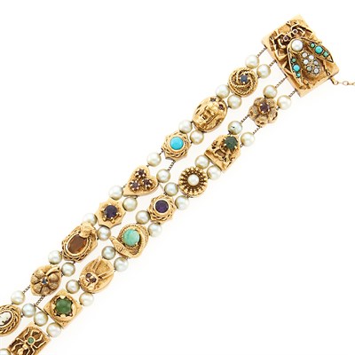 Lot 1063 - Double Strand Gold, Cultured Pearl and Colored Stone Slide Charm Bracelet