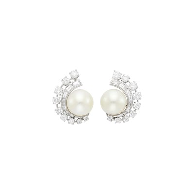 Lot 78 - Pair of Platinum, Cultured Pearl and Diamond Earrings