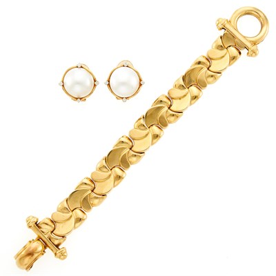 Lot 1113 - Gold Bracelet and Pair of Mabé Pearl and Diamond Earclips