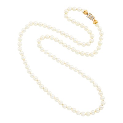 Lot 1153 - Long Cultured Pearl Necklace with Two-Color Gold and Diamond Clasp