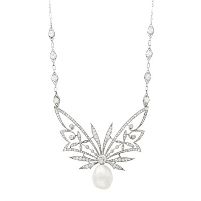 Lot 68 - Platinum, Baroque Cultured Pearl and Diamond Pendant with Platinum and Diamond Chain Necklace
