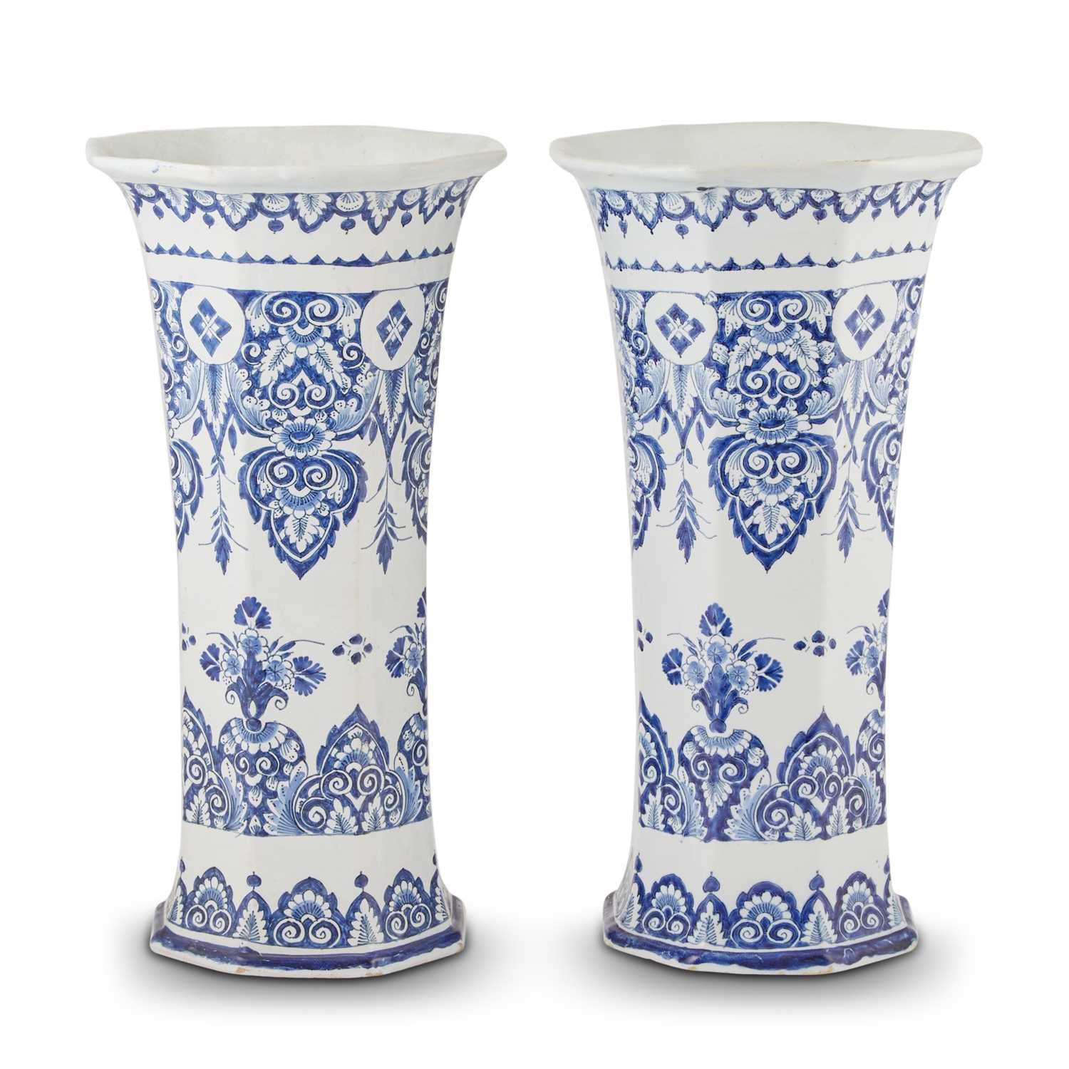Lot 208 - Pair Of Rouen Faïence Faceted Octagonal Blue and White Beaker Vases