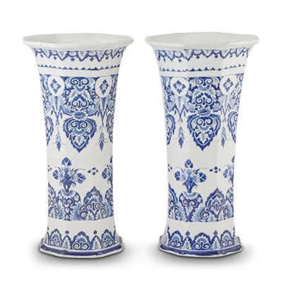 Lot 674 - Pair Of Rouen Faïence Faceted Octagonal Blue and White Beaker Vases