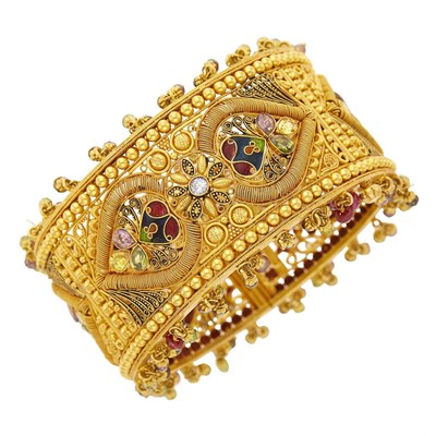 Lot 1048 - Indian Gold, Multicolored Paste, Enamel and Bead Fringe Cuff Bangle Bracelet