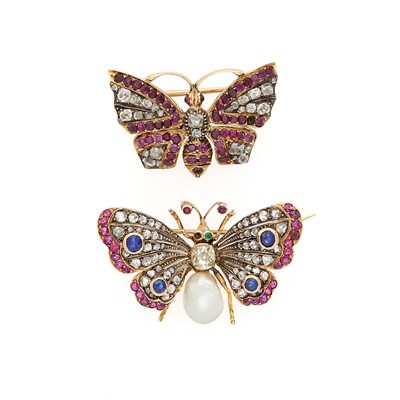 Lot 1070 - Two Silver, Gold, Sapphire, Ruby, Pearl and Diamond Butterfly Pins
