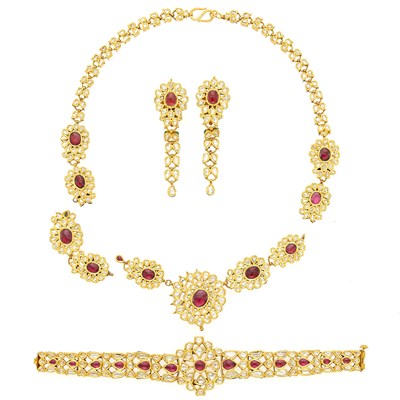 Lot 1065 - Indian Gold, Foil-Backed Diamond, Garnet and Jaipur Enamel Necklace Fragment, Bracelet and Pair of Pendant-Earrings