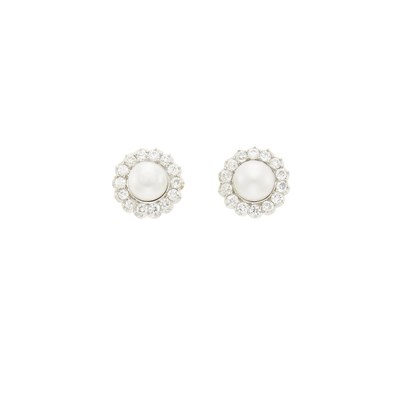 Lot 24 - Pair of Platinum, Gold, Button Pearl and Diamond Earrings