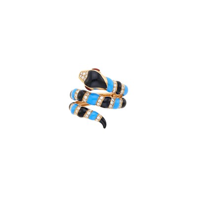Lot 1018 - Rose Gold, Turquoise and Black Enamel and Diamond Snake Ring