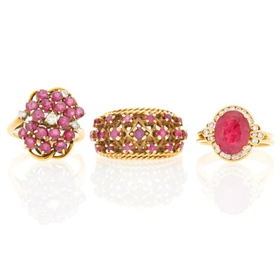 Lot 2120 - Three Gold, Pink Tourmaline, Ruby and Diamond Rings