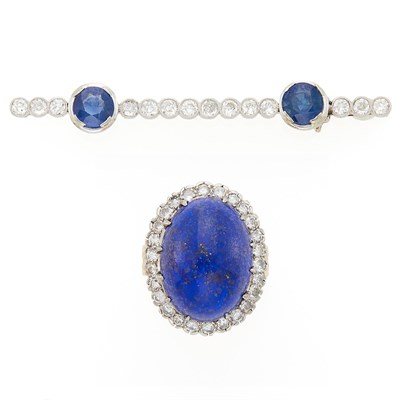 Lot 1039 - Gold, Lapis and Diamond Ring and White Gold, Sapphire and Diamond Bar Pin, France