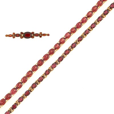 Lot 2126 - Two Gold and Garnet Bracelets and Bar Brooch