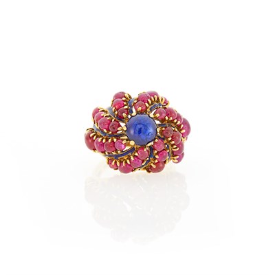 Lot 25 - Gold, Cabochon Sapphire, Ruby and Blue Enamel Ring