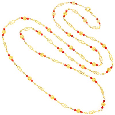 Lot 1165 - Long Gold and Red Stone Bead Chain Necklace