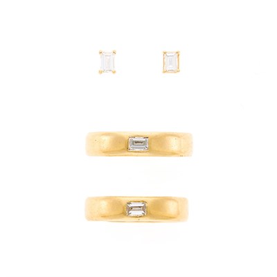 Lot 2220 - Two Gold and Diamond Band Rings and Pair of Gold and Diamond Stud Earrings